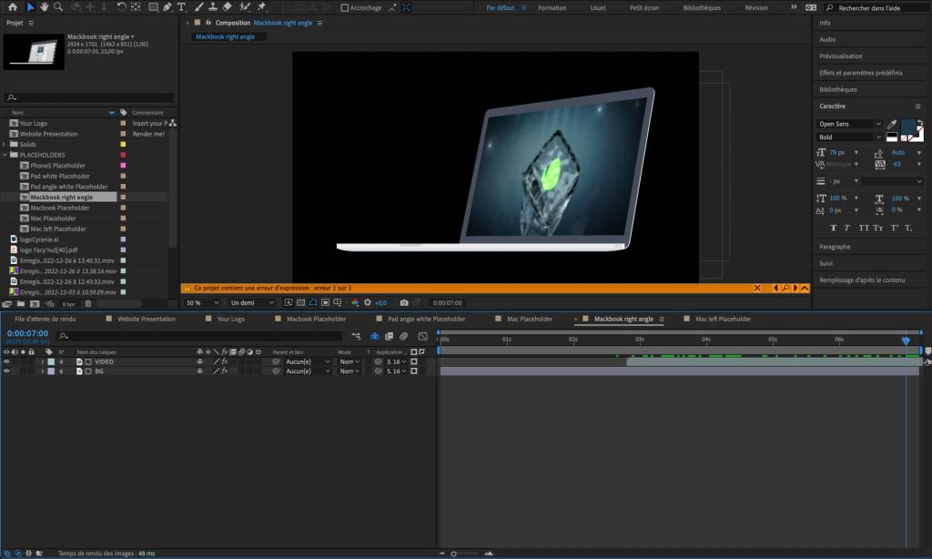 Capture de l'interface du logiciel After Effects