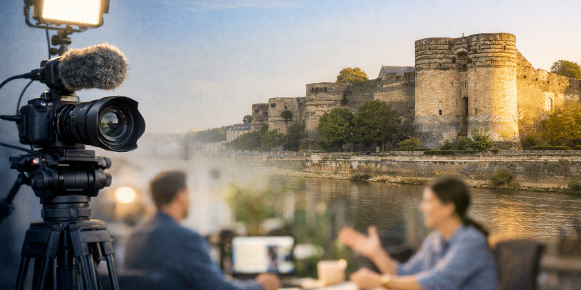 Un film d'entreprise se tourne sur a-Angers. Deux personnes discute prés du château